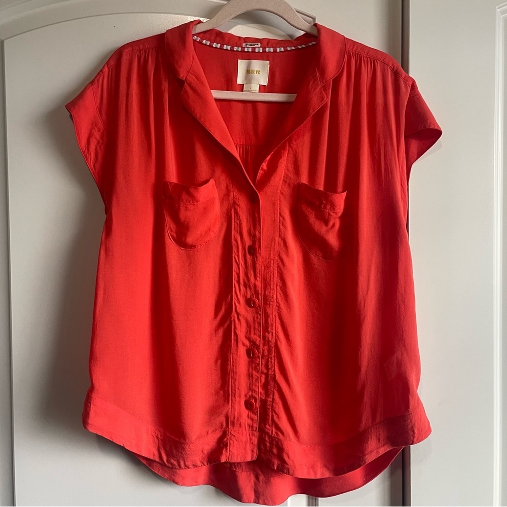Madewell Coral Button-Front Cap Sleeve Shirt
